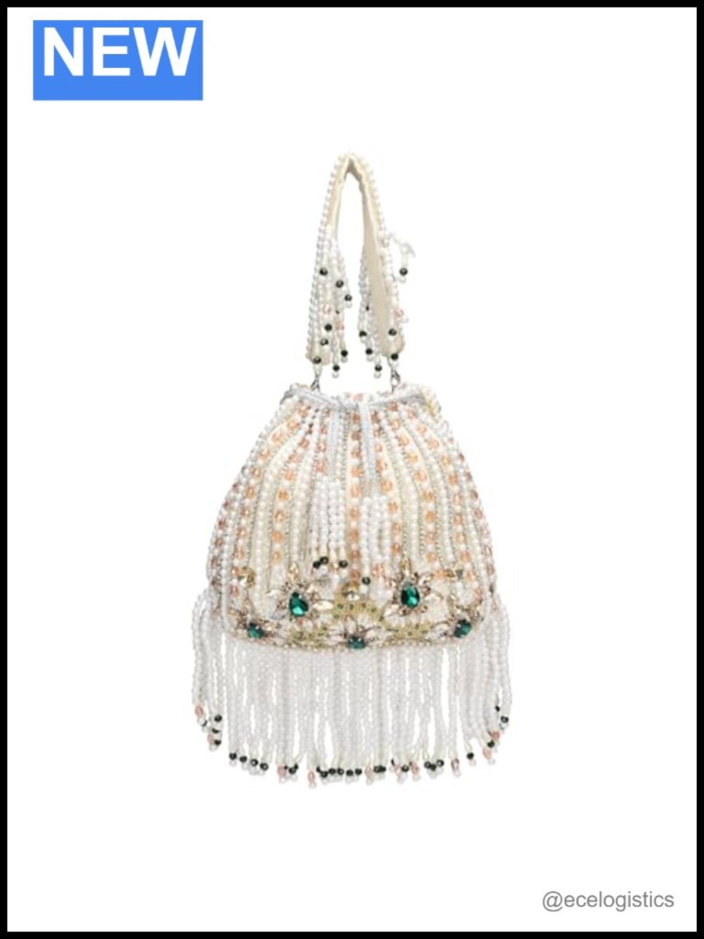 Hand-Beaded Potli Bag with Pearl Fringe, Bridal Clutch Purse, Floral